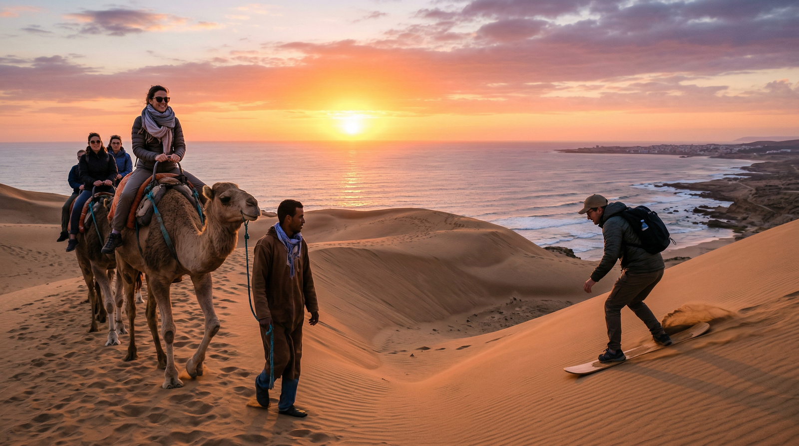 From Agadir & Taghazout Sunset Sandboarding, Camel Ride & BBQ Dinner